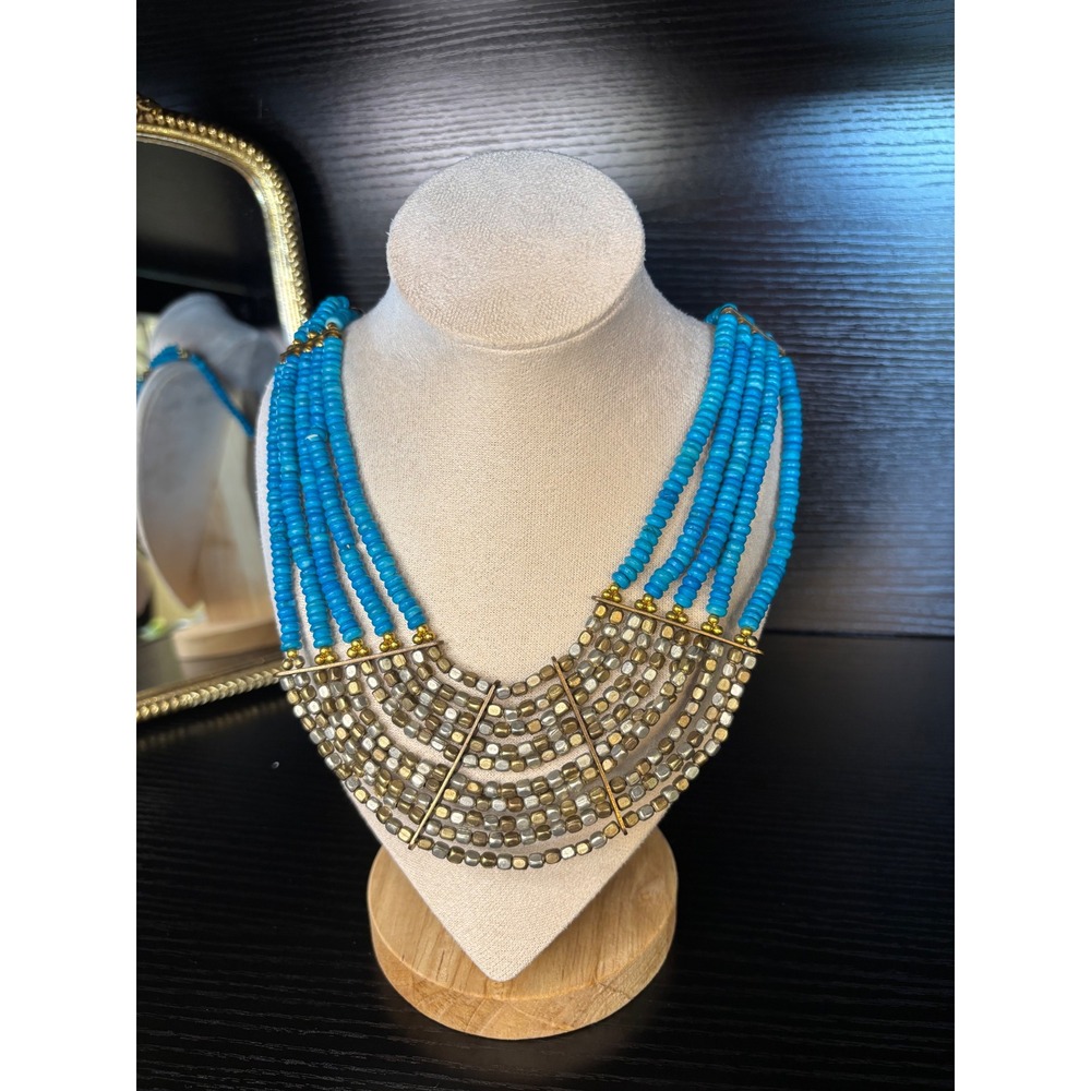 Turquoise Blue Beaded Multi Strand Bib Statement Necklace Gold Tone‎ Boho Chic
